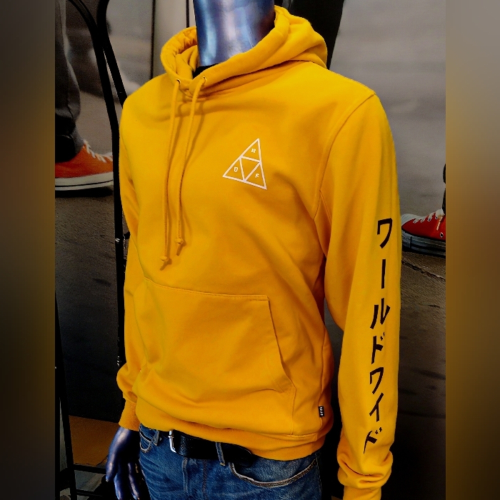 HUF Hoodie Mens S Yellow Gold Graphic Triple Triangle Dragon